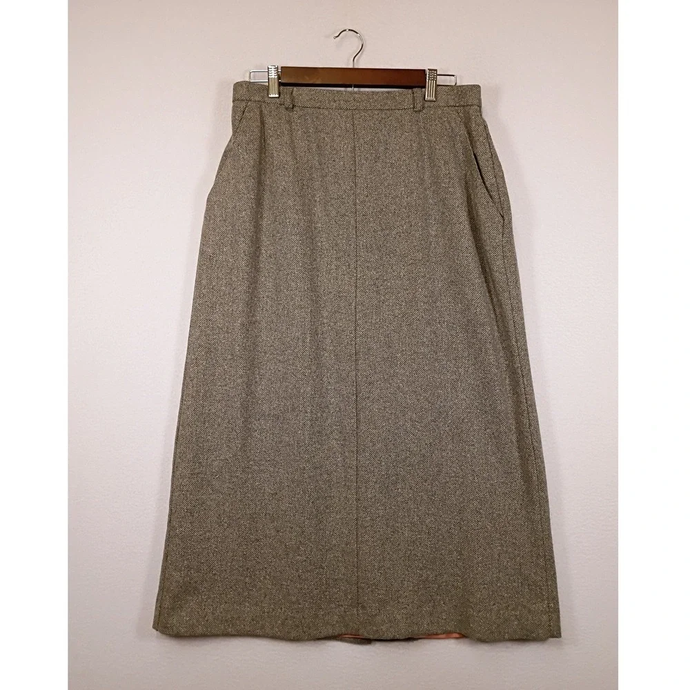 Dark Academia David Brooks Womens 14 Brown Wool Blend Tweed Midi Skirt Slit